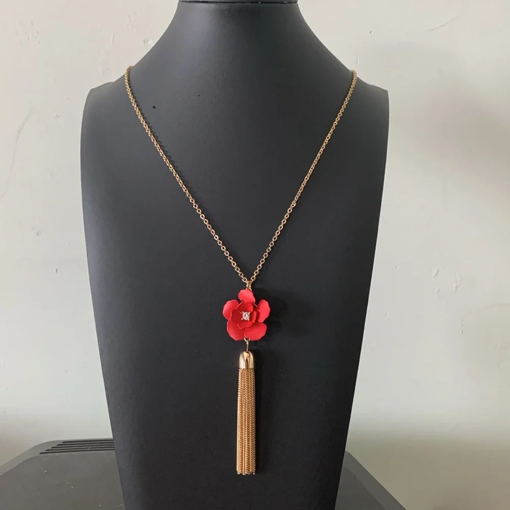 LOFT Red Floral Tassel Necklace